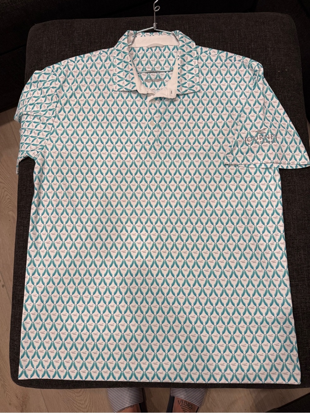 Men's White Polo with Teal Geometric Print
